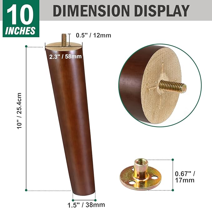 FoDau770 Brown Rubber Wood Furniture Legs 10 Inches, Slant Tapered Wood Feet Mid Century Sofa Legs Set of 4, 5/16" UNC Furniture Feet Replacement Parts for Cabinet Couch Dresser Chair Ottoman Table