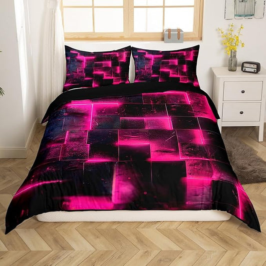 Black Hot Pink Abstract Comforter Cover Gradient Square Bed Set, Grid Full Duvet Cover Neon Checkered Bedding Set Full Glowing Plaid Bedspread Cover Modern Room Decor 3pcs (Black Reversible)