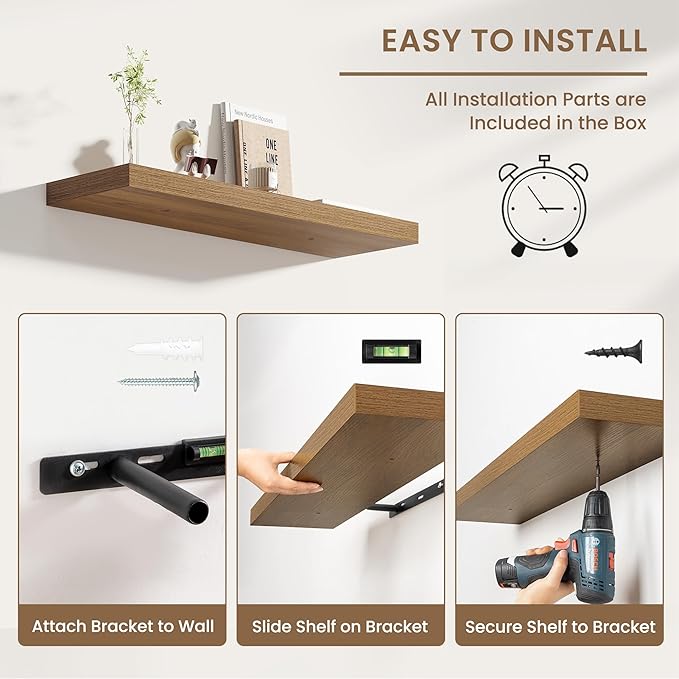 Dreamland 8" Deep Long Floating Shelves, 32 Inches Floating Shelves for Wall Set of 2, Large Display & Storage Shelf, Wall Shelf for Bathroom Bedroom Living Room Kitchen Office, Walnut