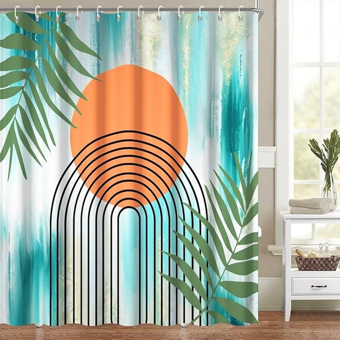 Modern Boho Teal Shower Curtain for Bathroom Abstract Minimalist Bathroom Decor Set Green Leaves Arch Orange Sun Bathtub Curtains Machine Washable Waterproof Polyester Fabric with Hooks 69x70 Inch