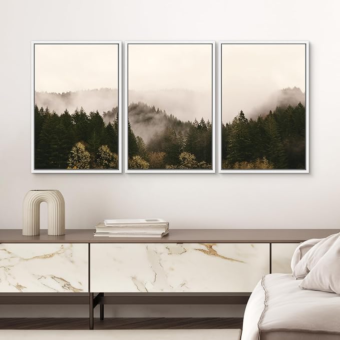 SIGNWIN 3 Piece Framed Canvas Wall Art Brown Foggy Mountains Nature Wilderness Photography Abstract Rustic Canvas Prints Home Artwork Decoration for Living Room,Bedroom - 24"x36"x3 White