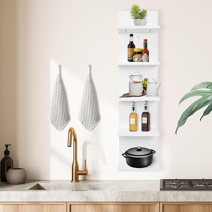 5 Tier Wall Shelf Unit,Vertical Column Shelf Floating Storage Home Decor Organizer,Display Floating Shelf for Bedroom, Living Room,Vanity -2 Pcs(White)