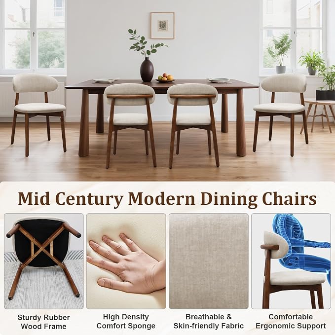 Farmhouse Dining Chairs Set of 4, Mid Century Modern Fabric Upholstered Kitchen Chairs, Wooden Dining Room Chair with Curved Back for Kitchen Dining Room Restaurant Cafe, Warm Gray (Only Chairs)