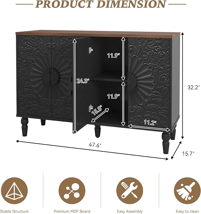 Sideboard Buffet Cabinet with Storage, Accent Cabinet with 4 Vintage Carved Flower Pattern Doors, Decorative Wood Credenza for Living Room, Hallway, Dining Room, Kitchen, Black