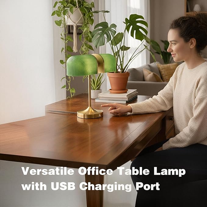 Vintage Milk Glass Bankers Desk Lamp - Dimmable Touch Control Bedside Lamp with USB A+C Charging Ports, for Bedroom Nightstand & Living Room, Bulb Included (Green)