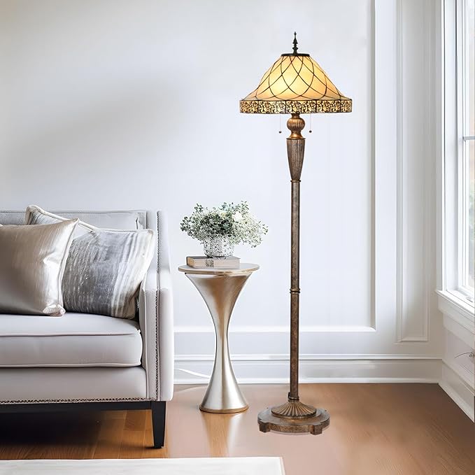 FL0002 Tiffany Floor Lamp Stained Glass Lampshade Beige-Like Color with Geometric Pattern, Warm Glow & Elegant Design, Antique Finished Lampbase, W 18 X H 62.5 Inches, LED Bulbs Included