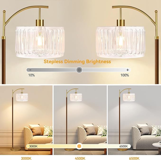 ILLMTW Arc Floor Lamp for Living Room,Bedroom,Glass Mid Century Modern Standing Lamp with Remote Dimmable,Wood Vintage Gold Tall Lamp White Lamp Shade Floor Lights Boho Bohemian Tiffany Style