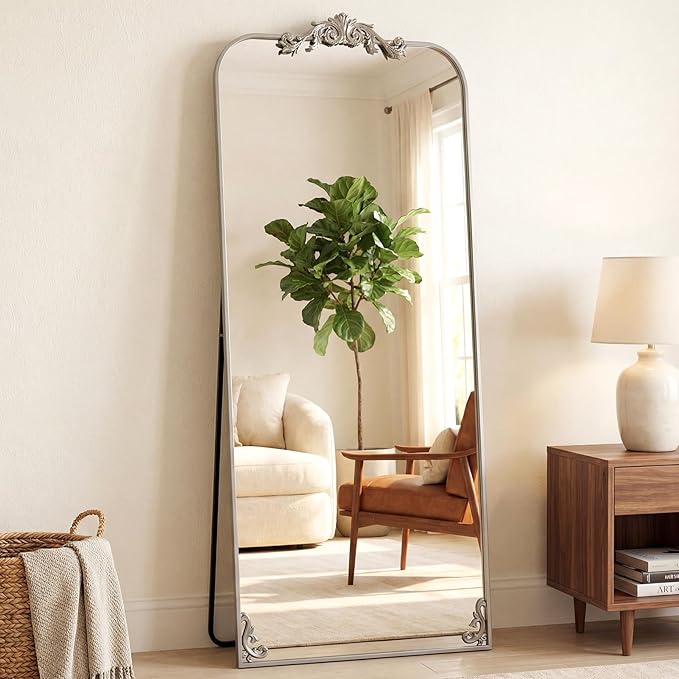 Antok Arched Full Length Mirror, 32"x71" Floor Mirror with Carved, Full Body Mirrors for HomeDecor, Large Wall Mirror with Corner Flower for Bedroom, Living Room, Silver, Luxury Style