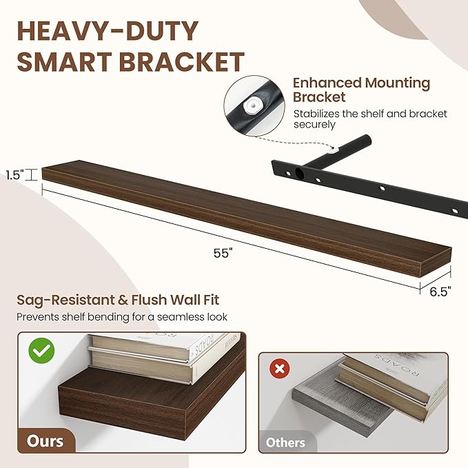 55 Inch Floating Shelves for Wall 2 Pack, 55" Wall Shelves for Books, Storage, Decor, Wall Mounted Floating Shelf with Invisible Brackets for Kitchen, Living Room, Walnut