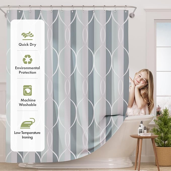 AmazerBath Shower Curtain Sets, Washable Cloth Geometric Green-Grey Stripped Fabric Shower Curtain with 12 Metal Hooks, Luxury Home Farmhouse Polyester Bathroom Decor Shower Curtains, 72x72 Inches