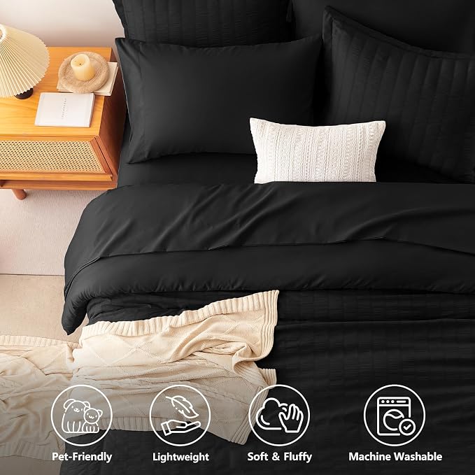 CozyLux Queen Comforter Set Black, 7 Pieces Seersucker Textured Luxury Bed in a Bag Queen, All Seasons Soft Bedding Sets with Down Alternative Comforter, Sheets, Pillowcases & Shams, Home Gift