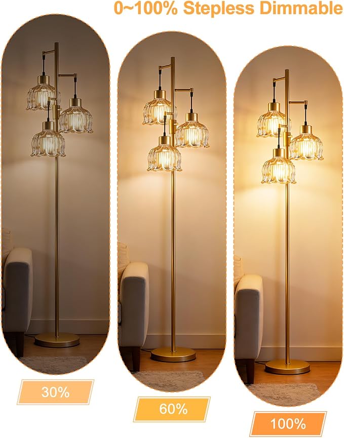 3-Light Modern Glass Floor Lamp, Gold Standing Tall Lamp with Amber Vertical Rib Glass Shade for Reading, Dimmable LED Floor Lamp with 5Lbs Heavy Base for Living Room Bedroom Home Decor, Bulb Included