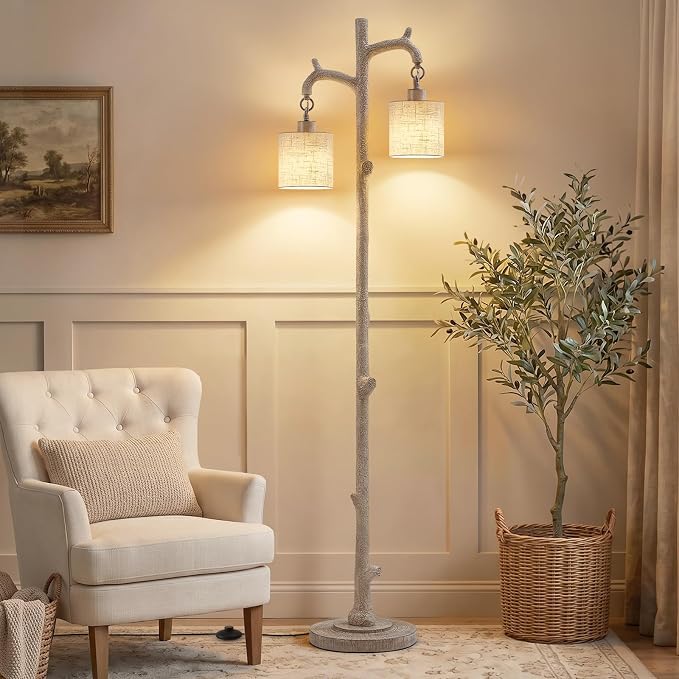 EJIAXIN Floor Lamp for Living Room - 69" Rustic Tree Trunk Standing Lamps - Country Resin Tall Lamp with 2 Reading Light - Farmhouse Floor Lamp for Bedroom Office Home Decor (Grayish White)
