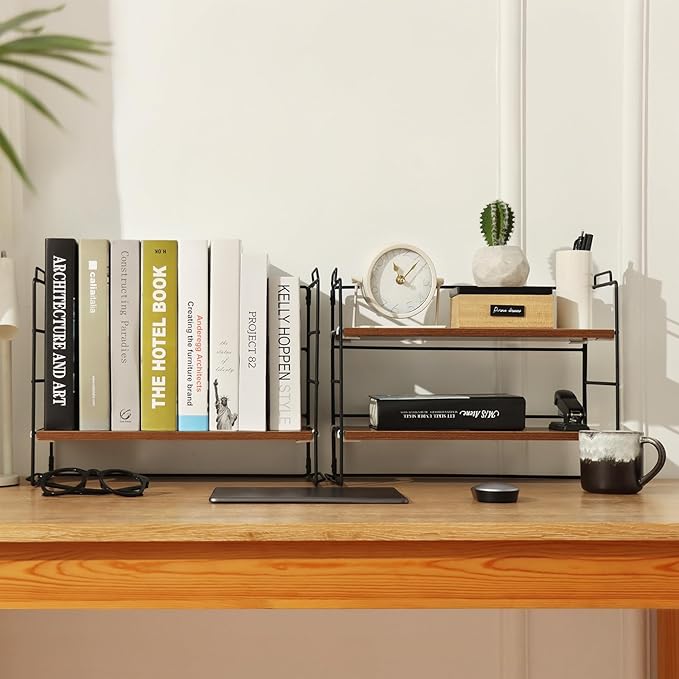 KATHY&BOB Wood Desk Shelf Organizer, 2-Tier Desktop Supplies Storage Rack, Adjustable Stackable Desk Shelf for Office, Kitchen, Bathroom, 15.75"*12.2"*7.87" (2 Sets)