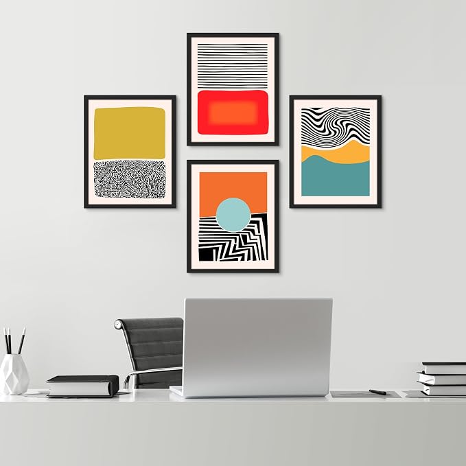 SIGNWIN Framed Mid-Century Modern 1980s Geometric Wall Art, Set of 4 Color Blocks Wall Decor Prints, Nature Wilderness Wall Décor for Living Room, Bedroom - 12"x16" Black