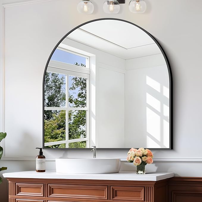 CIRCUMI Arched Wall Mirror, 42"x42" Black Arched Mirror with Tempered Glass, Metal Frame, Large Size for Entryway Table, Mantel,Living Room,Over Sink,Arch Mirror for Decor,Shatterproof&Crystal-Clear