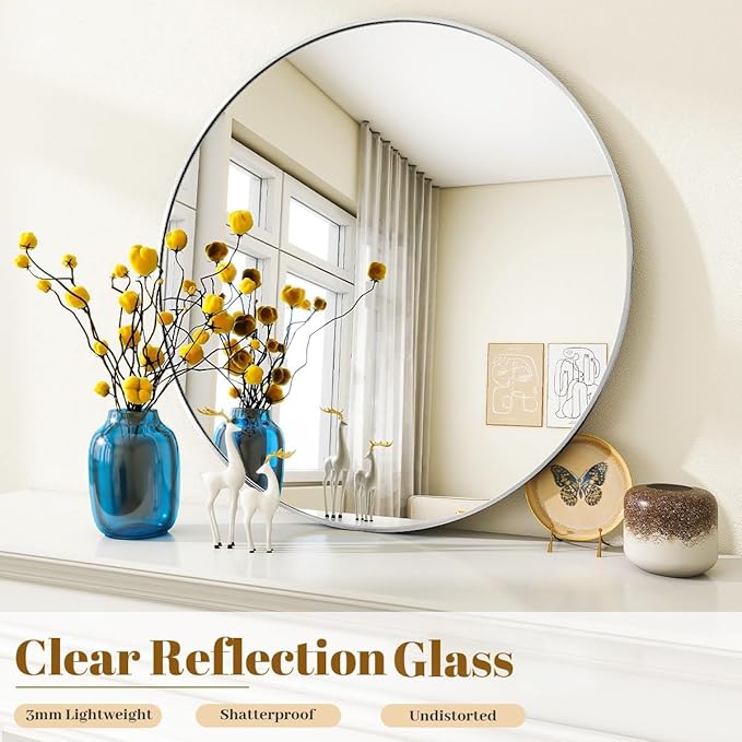 VooBang Silver Round Bathroom Mirror, 30 inch Circle Wall Mounted Hanging Mirror with Simple Modern Circular Metal Frame for Hallway, Entryway, Living Room, Silver Frame