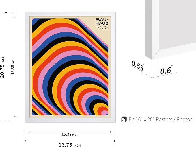 Poster Master Bauhaus Poster - Psychedelic Stripes Print - Abstract Art - Geometric Art - Graphic Design Art - Chic Boho Art - Mid Century Modern Art - Living Room Wall Decor - 16x20 White Framed