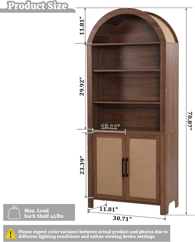 Janmer Home 71" Tall Arched Bookcase with Storage, Modern 6-Tier Cabinet with Door, Arched Bookshelf Cabinet with Open Display Storage Shelf for Living Room (Walnut,)