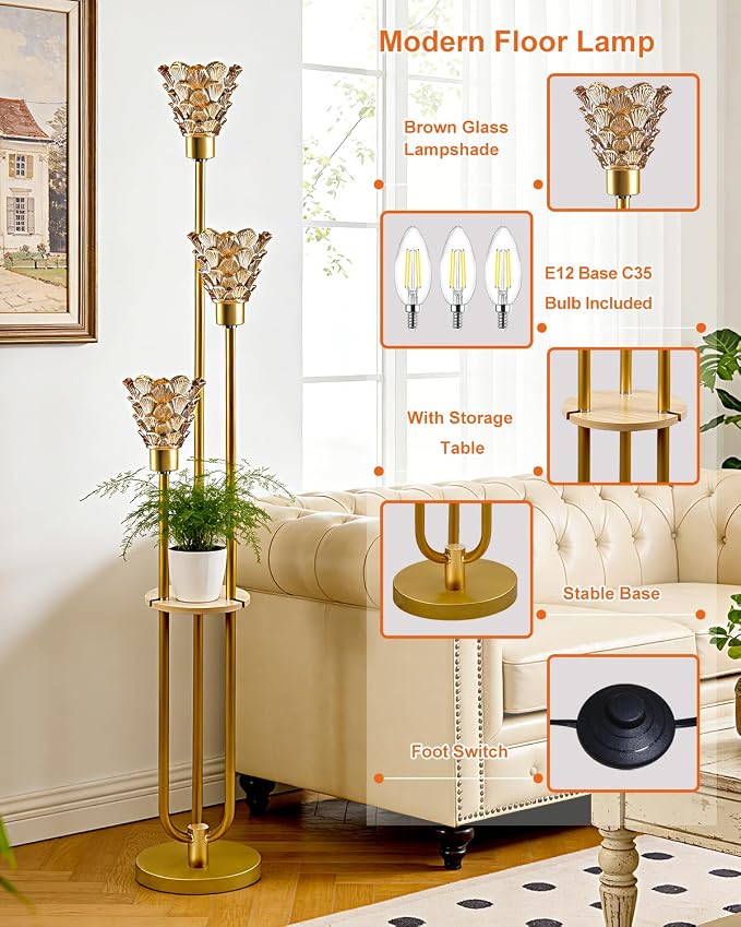 Lightdot Amber Glass Floor Lamp with Shelf, 63IN Mid Century Modern Gold Floor Lamps with 3 3000K Soft Warm White Bulbs Included, Standing Tall Lamp with 5Lbs Heavy Base for Living Room/Wedding/Office