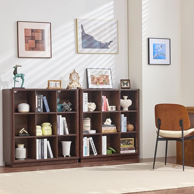 9 Cube Bookshelf, 41" Tall Organizer Bookcase with Curved Edge, Wood Floor Standing 3-Tier Cubby Book Shelf with Base, Vintage Display Storage Cabinet for Living Room, Home Office, Walnut