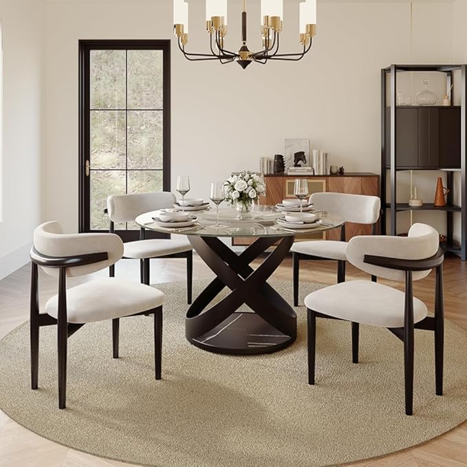 POVISON 51" Modern Round Dining Table with Lazy Susan, Glass Round Kitchen Table for 4, Tempered Glass Dining Room Table top with Black X Carbon Steel Base (Dining Table Only)