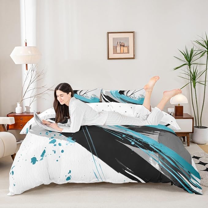 Erosebridal Black Blue Geometric Decorative Duvet Cover Queen - Geometric Boho Abstract Bedding Striped Bed Set for Boys Adults Girls Minimalists Graffiti Aesthetic Lines Bed Cover