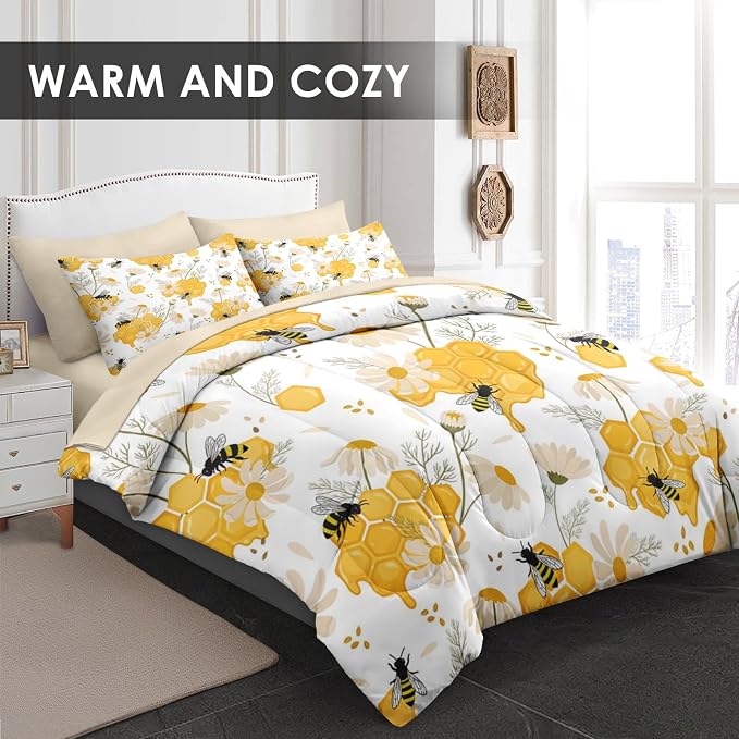Pamnest Comforter Set King Size, Bees Honey Flower 7 Pcs Bedding for Kids and Adults, Spring Floral Summer Bed Sheet Sets with Fitted Sheet 2 Pillowcases & 2 Shams for Bedroom Bed Decor
