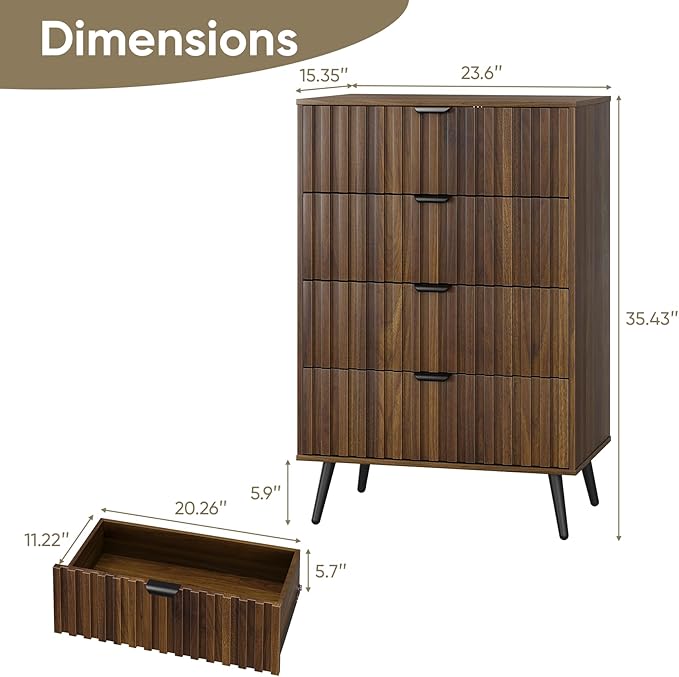 4 Drawer Dresser for Bedroom, Tall Fluted Dresser with Metal Feet, Wooden Storage Organizer Cabinet Chest of Drawer for Closet, Living Room, Hallway,Walnut