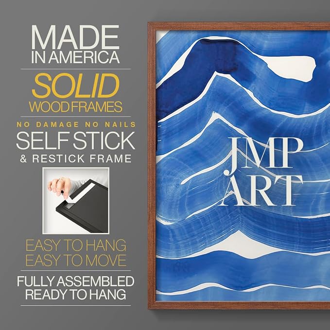 Renditions Gallery Set of 2 Peel & Stick Framed Prints, Watercolor Abstract Wall Art, Bold Brushstrokes in Shades of Blue Wall Decor, Re-Stickable - Ready to Hang - 11"x14" - Walnut Frame LT588