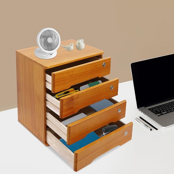 Desktop File Organizer with Lock, 2/3/4 Tier Multi-Drawer Wooden Storage Cabinet, Office Supply Organizer for Home Desk, Study & Workplace (Brown, 4 Layers)