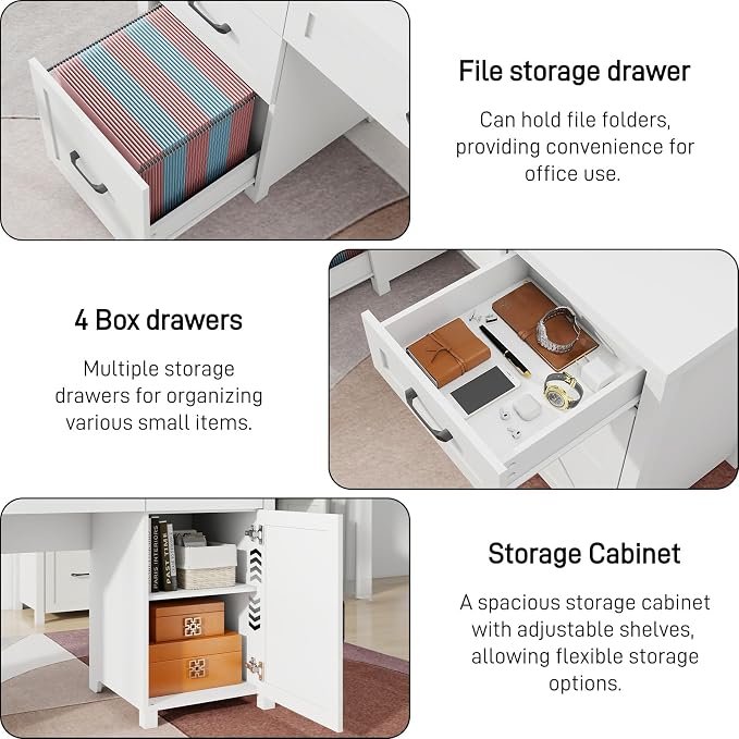 Vabches Farmhouse 61'' Executive Desk with 5 Drawers, Rustic Office Desk Computer Table with File Drawers and Storage Cabinet, Wood Workstation for Study and Home Office,(Cream White)