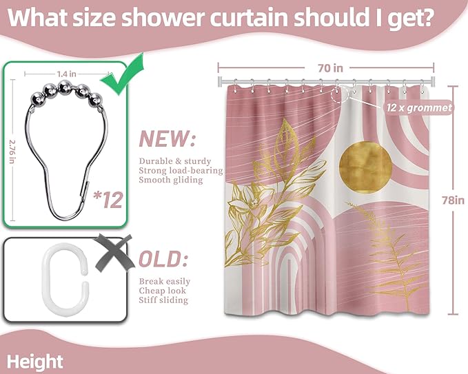 Blush Pink and Gold Shower Curtain Boho Mid Century Light Pink and White Shower Curtains for Bathroom Decor, Waterproof Cloth Fabric with Hooks, 70" W x 78" L