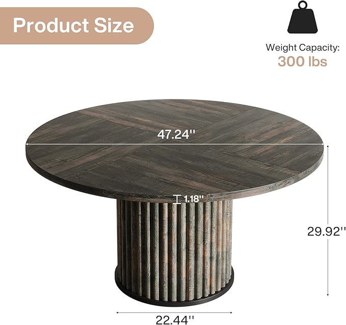 Tribesigns 47.24-Inch Round Dining Table for 4-6 People, Modern Fluted MDF + Metal Base Kitchen Table, Sturdy Circle Dining Room Furniture, Black Brown