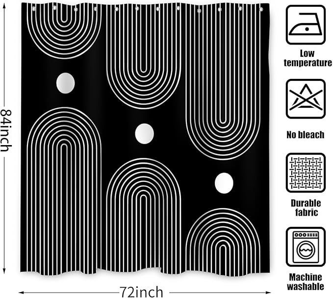 Black and White Extra Long Shower Curtain, Boho Minimalist Mid Century Modern Arch Geometric Machine Washable Waterproof Fabric for Bathroom Bathtub Decor with Hooks 72Wx84H