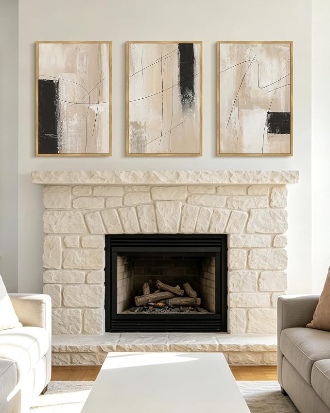 KUVIOKE Abstract Framed Wall Art Minimalist Beige Pastel Watercolor Neutral Wall Decor Modern Black Line Art Painting for Bedroom Dining Room 16x24in (Natural Framed)