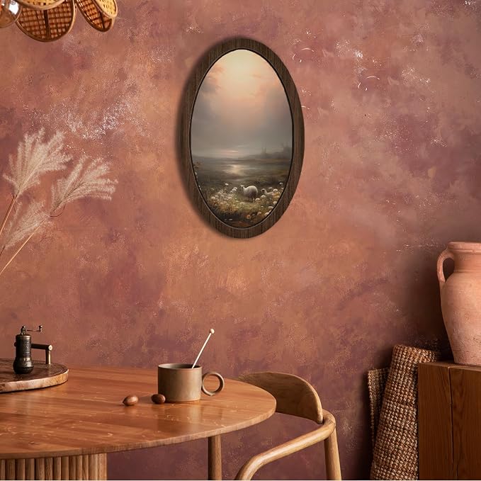 UYIKG Vintage Farmhouse Sheepa Oval Wall Art Decor,Rustic Cottagecore Lambs Floral Oval Wooden Framed Decor for Home Bedroom Theme Room Reading Room 9x14.6 in