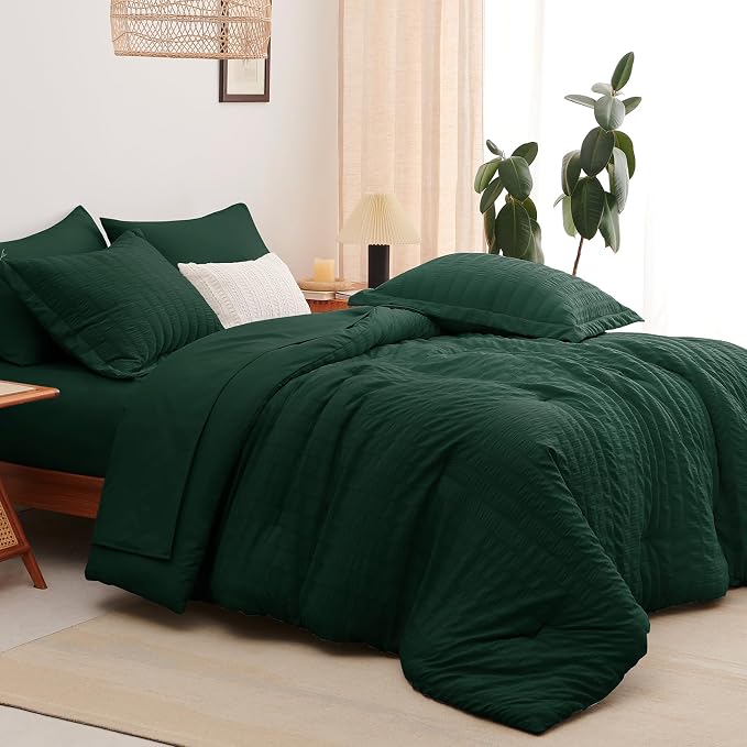 CozyLux Oversized King Comforter Set with Sheets, 7 Pieces 120"x98" Emerald Green Seersucker Bed in a Bag, Luxury Bedding Sets with Down Alternative Comforter, Sheets, Pillowcases & Shams, Home Gift