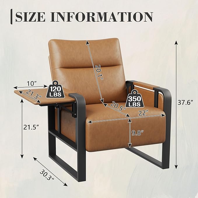 Upholstered Living Room Chair Armchair, Mid Century Faux Leather Metal Accent Chair, Reception Couch Office Guest Chair Slipper Club Lounge Single Sofa with Sidetable for Bedroom-Light Brown
