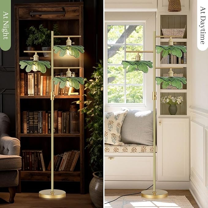 Gold Floor Lamp for Living Room, Mid Century Modern Dimmable Standing Lamp with Green Glass Shade, 3-Light Brass Tree Lamp Vintage Tall Lamp for Bedroom Office Study Corner