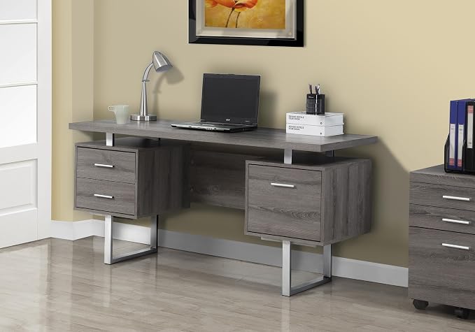 Monarch Specialties Dark Taupe Reclaimed-Look/Silver Metal Office Desk, 60-Inch