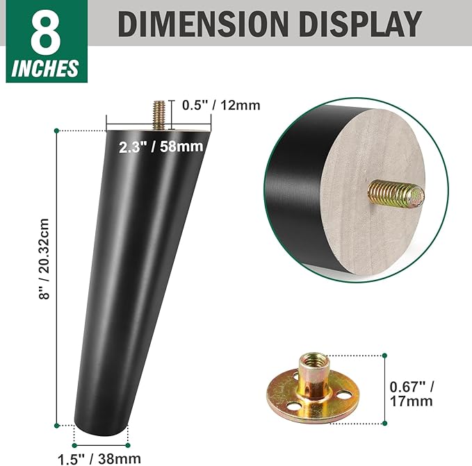 FoDau770 Black Rubber Wood Furniture Legs 8 Inches, Slant Tapered Wood Feet Mid Century Sofa Legs Set of 8, 5/16" UNC Furniture Feet Replacement Parts for Cabinet Couch Dresser Chair Ottoman Table
