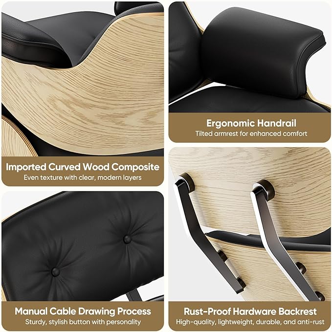Top Black Grain Leather, Mid Century Chaise Lounge Chair and Ottoman, Modern Chair Classic Design, Ash Wood, Heavy Duty Base Support for Living Room Office