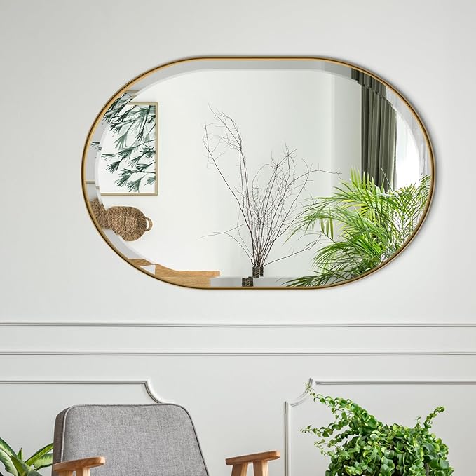 POZINO Oval Mirror Over Sink, Brushed Gold Beveled Mirror, 24"x36" Bathroom Vanity Mirrors with Stainless Steel Frame, Brass Oblong Wall Mirrors for Bedroom Living Room, Hangs Horizontal Or Vertical