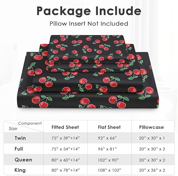 Pamnest Full Size Bed Sheet Sets, Red Black Cherry Fruit Soft Microfiber 4 Pcs Bedding Sets for Kids and Adults Bedroom Bed Decor, Retro Leaf Summer Flat, Fitted Sheet and 2 Pillowcases