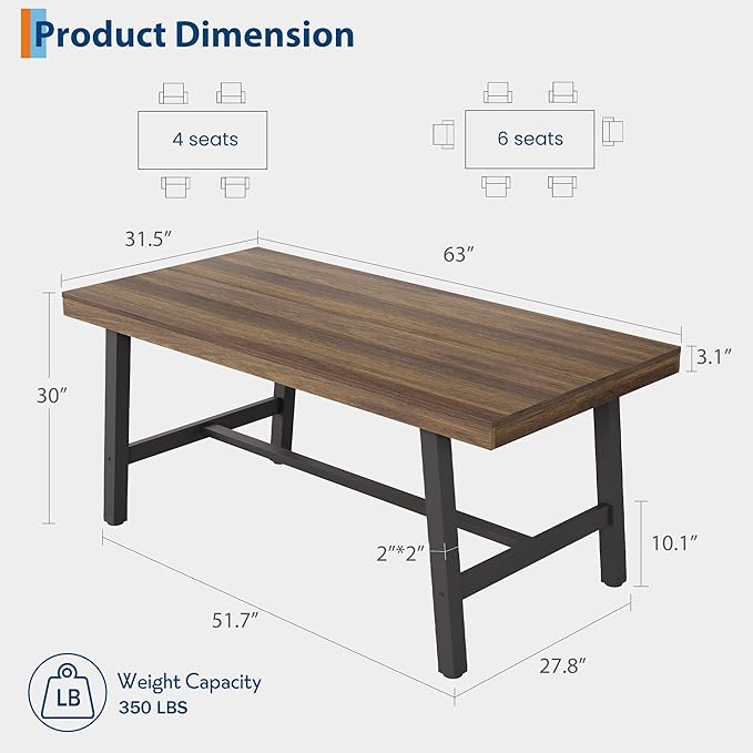 GarveeHome Industrial Dining Table for 4-6 People, 63" Long Wooden Kitchen Table with Sturdy Metal Frame & Rustic Brown Finish - Seats 4 Rectangular Counter for Dinner, Kitchen, Dining Room - Brown
