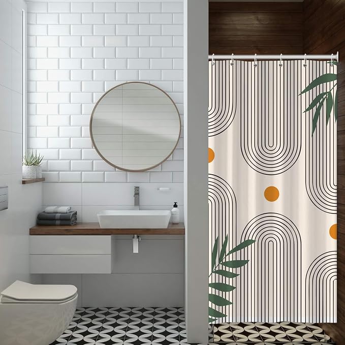 Boho Mid Century Shower Curtain Bohemian Minimalist Geometric Arch Sun Bathroom Curtain Sage Green Plant Polyester Shower Curtain Sets for Bathroom Extra Long 36x72 in with 6 Hooks