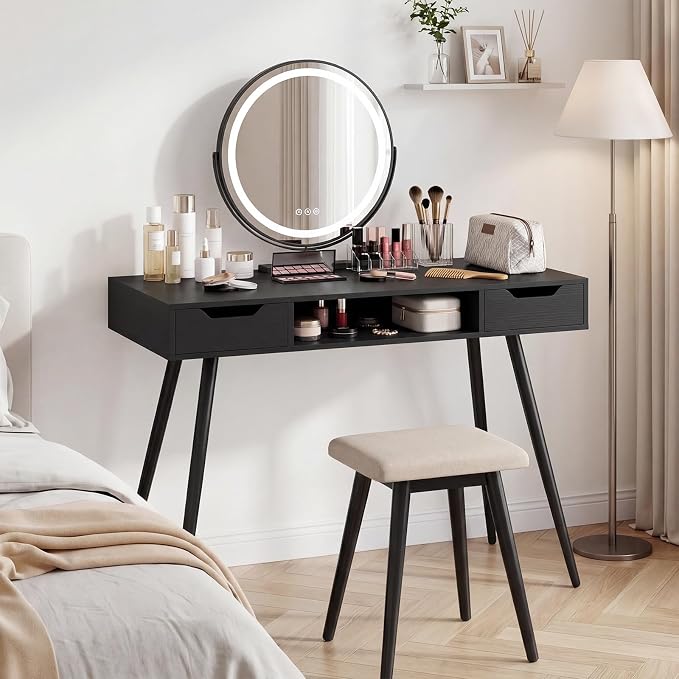 Giantex Mid Century Modern Computer Desk with Drawers, 42.5" Writing Desk with Open Storage Cubby, Vanity Table with Metal Leg, Compact Wooden Study Table for Small Spaces Home Office (Black)