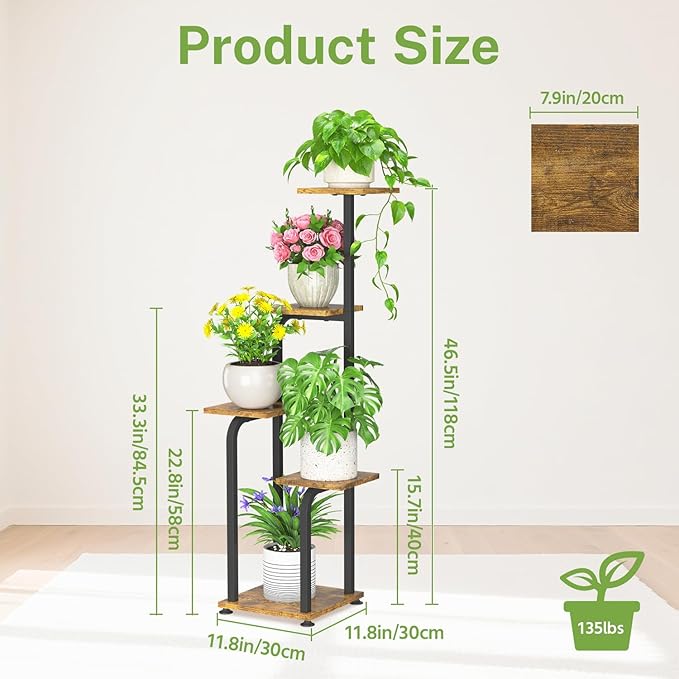 iDavosic.ly Tall Plant Stand Indoor, 4 Tier Corner Multiple Flower Holder Shelf with Wooden Trays, Space Saving Display Rack for Living Room Balcony Patio Porch Outdoor | Black & Brown