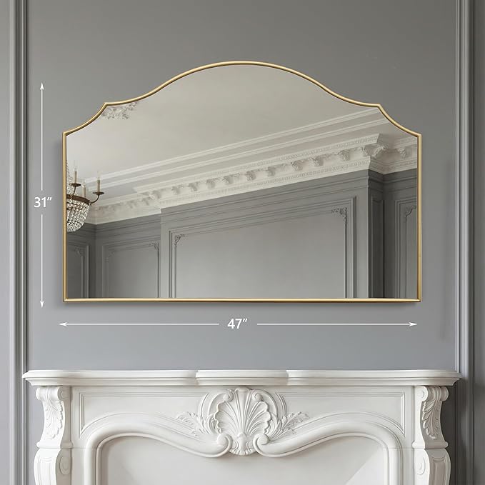 Besdomus Large Scalloped Gold Mirror: 47"x31" Modern Minimalist Wood Frame Wall Mirror - Decorative Vanity Arched for Bathroom/Dresser/Entryway/Fireplace/Living Room - Stylish Home Decor